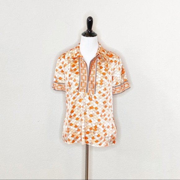 ECI New York Retro Peacock Pattern Silk Collar blouse Size Medium - Picture 1 of 8
